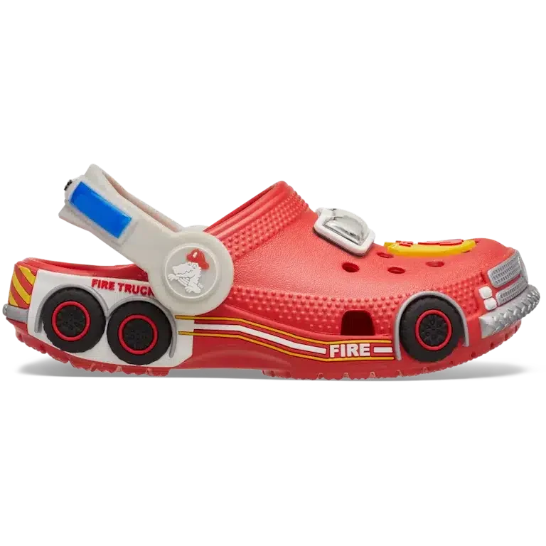Klassische „Iam Fire Truck Lights“-Clogs für Kleinkinder mit Riemen am Fersenbereich Klassische „Iam Fire Truck Lights“-Clogs für Kleinkinder mit Riemen am Fersenbereich