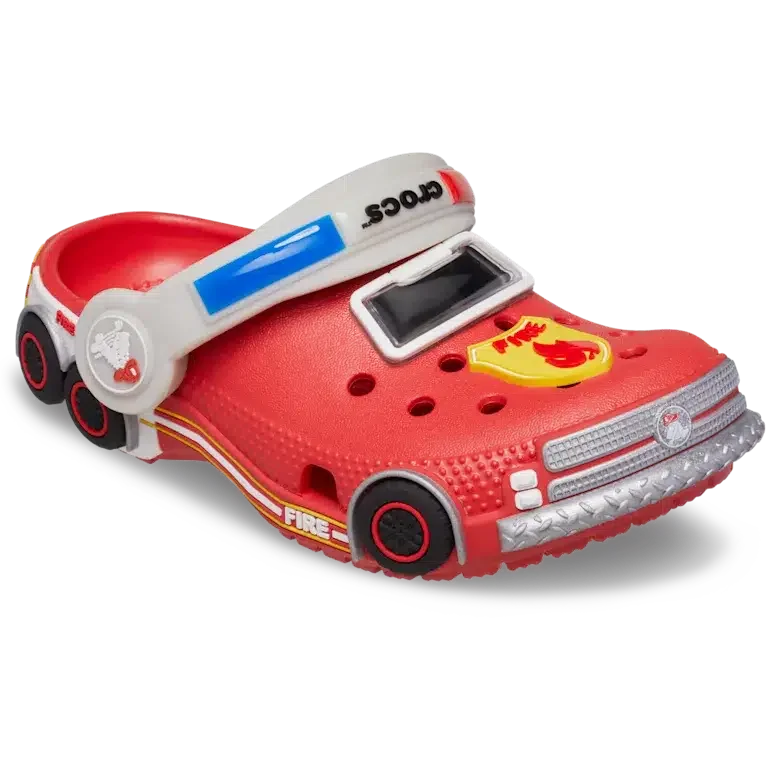 Klassische „Iam Fire Truck Lights“-Clogs für Kleinkinder mit Riemen am Fersenbereich Klassische „Iam Fire Truck Lights“-Clogs für Kleinkinder mit Riemen am Fersenbereich